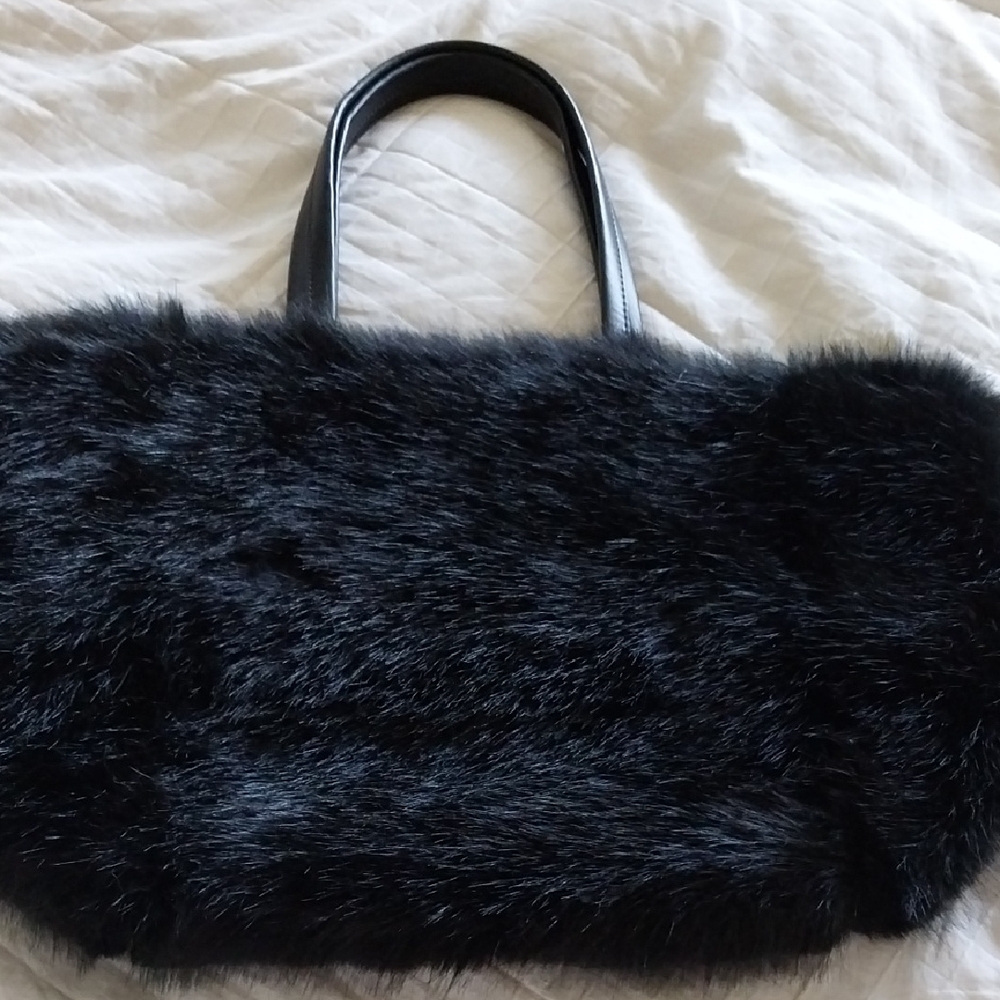 Black Faux Fur Tote Bag with Faux Leather Handles.